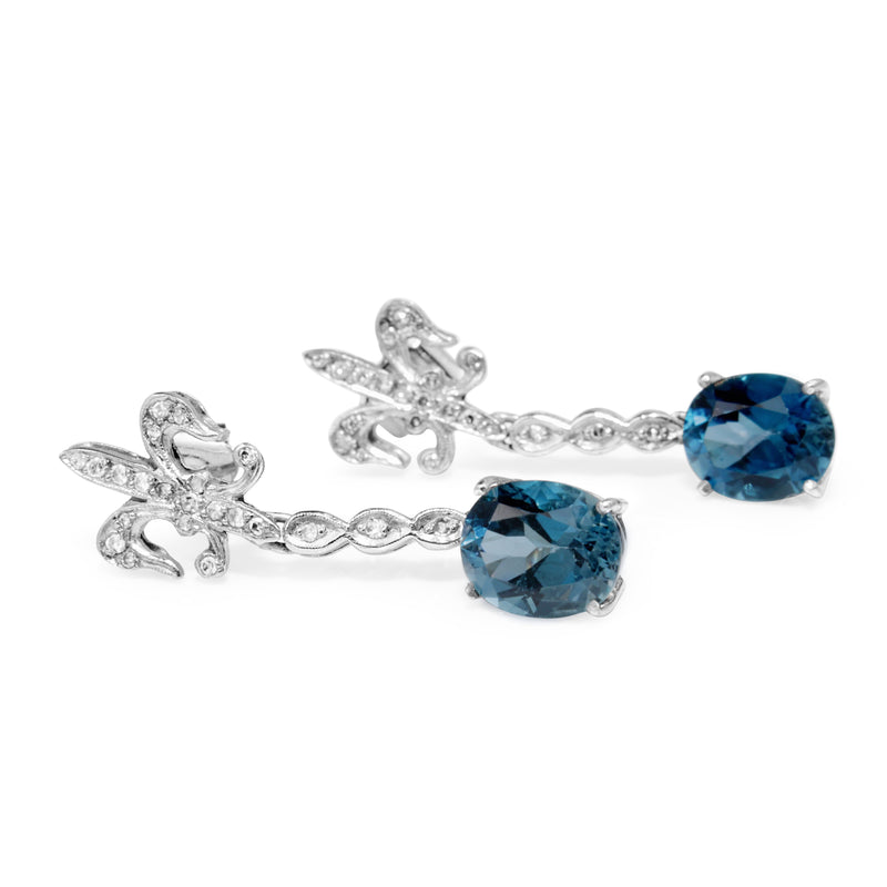 Palladium Vintage London Blue Topaz and Diamond Fleur De Lis Earrings