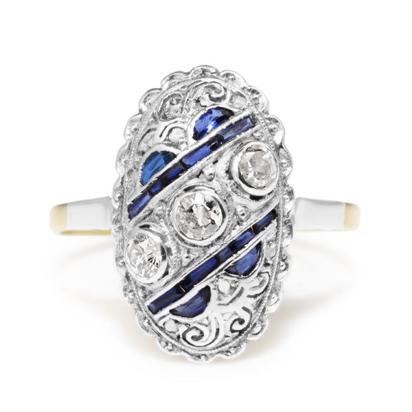 18ct Yellow and White Gold Art Deco Old Cut Diamond and Sapphire Ring