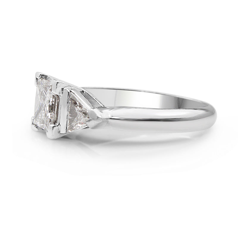 18ct White Gold Princess and Trillion Diamond 3 Stone Ring