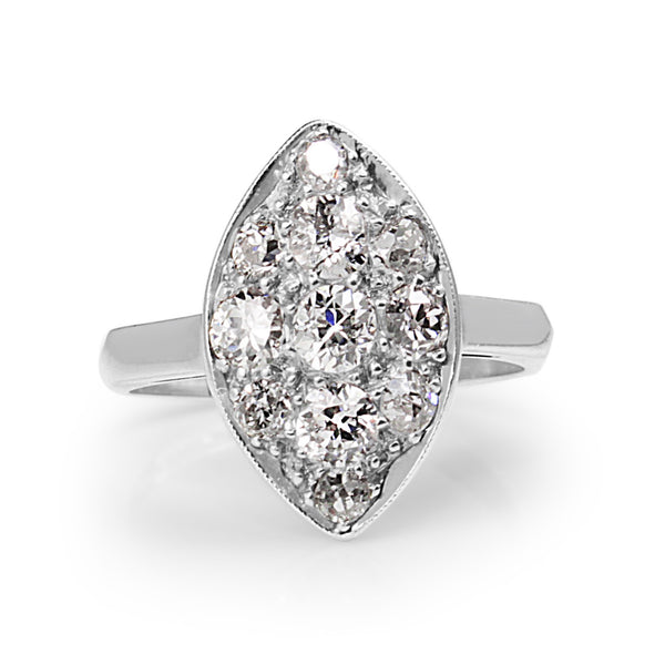 Platinum Old Cut Art Deco Diamond Marquise Shaped Ring