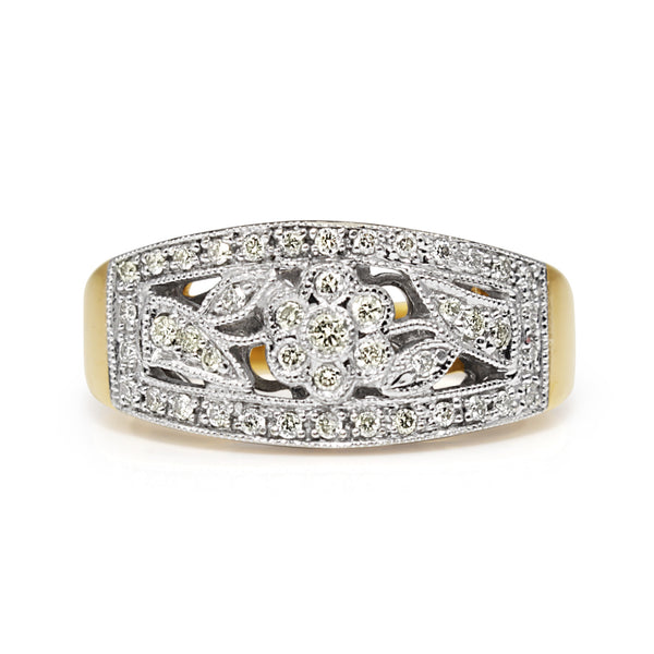 9ct Yellow and White Gold Floral Style Diamond Band Ring