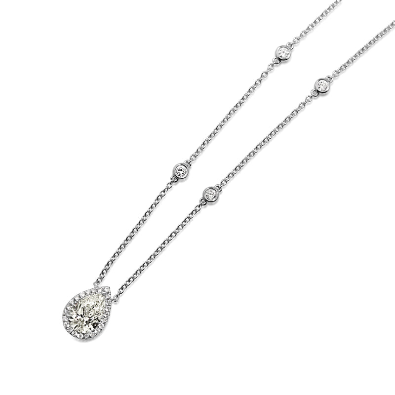 18ct White Gold Pear Diamond Drop Halo Necklace
