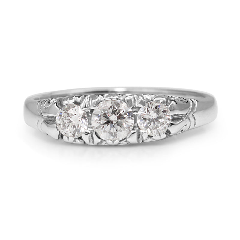 18ct White Gold Vintage Style 3 Stone Diamond Ring