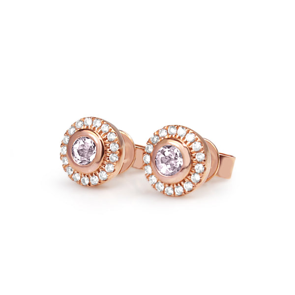 9ct Rose Gold Morganite and Diamond Halo Stud Earrings