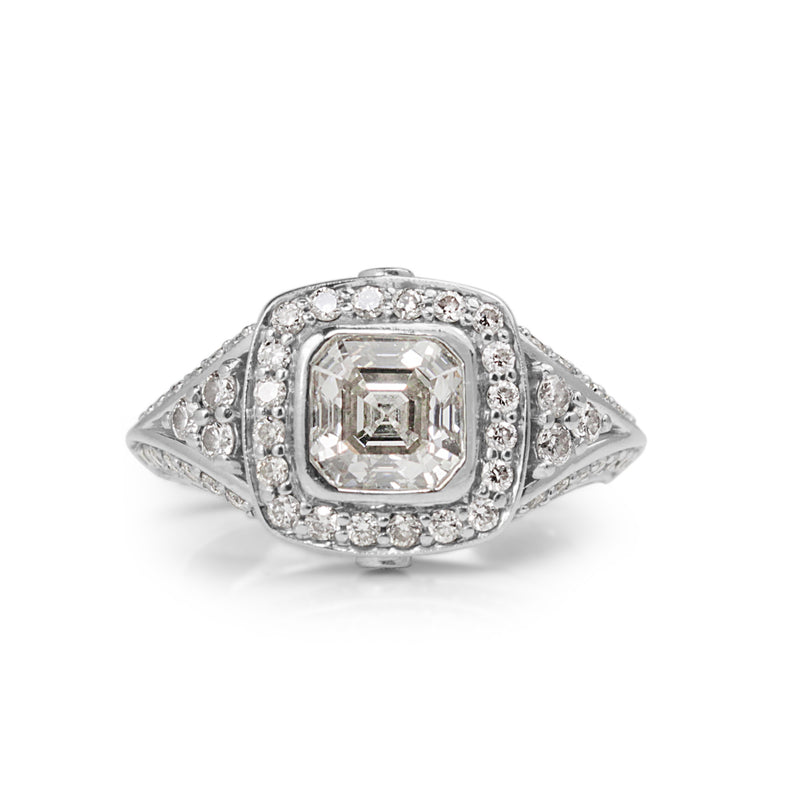 18ct White Gold Asscher Diamond Halo Ring