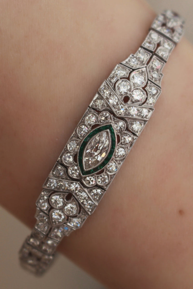 Platinum Art Deco Emerald and Diamond Bracelet