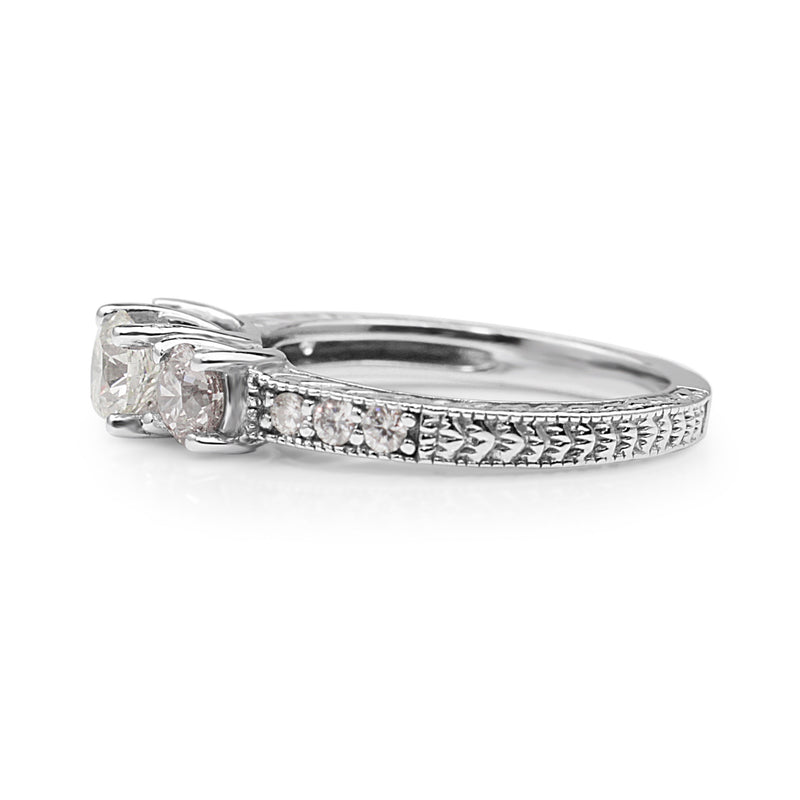 14ct White Gold 3 Stone Etched Diamond Ring