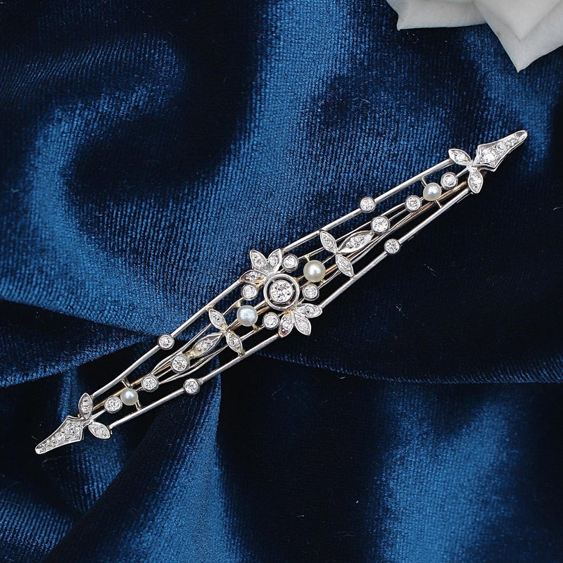 18ct Yellow Gold and Platinum Edwardian Old Cut Diamond and Pearl Bar Brooch
