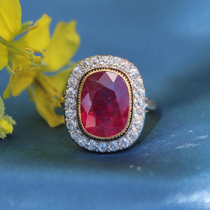 18ct Yellow and White Gold Antique Ruby and Diamond Halo Ring