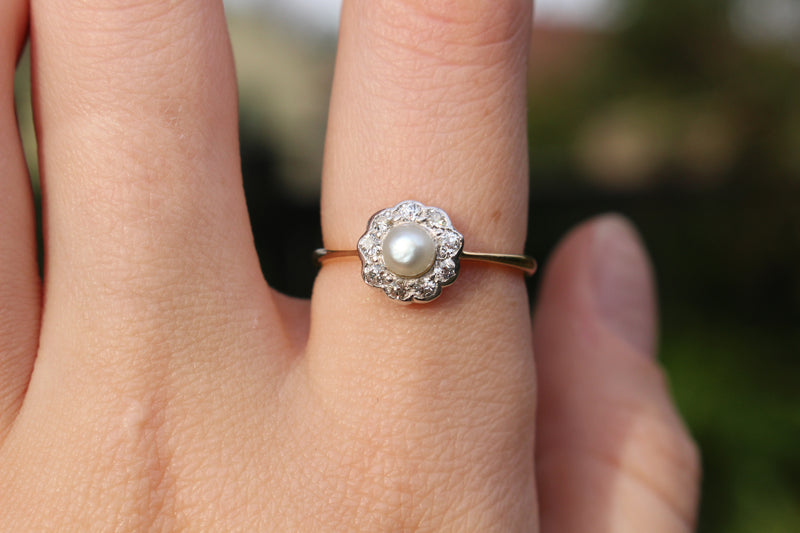 18ct Yellow Gold and Silver Topped Antique Pearl and Diamond Daisy Ring