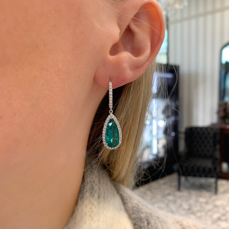 18ct White Gold Teardrop Emerald and Diamond Halo Earrings
