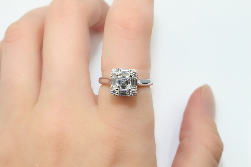 18ct White Gold Asscher Diamond Halo Ring