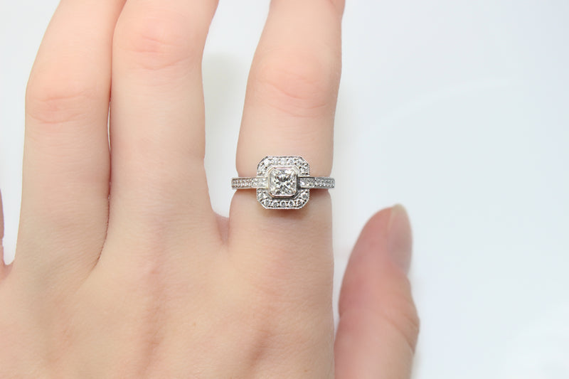 18ct White Gold Radiant Diamond Halo Ring