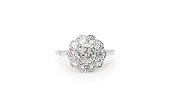 Platinum Art Deco Old Cut Diamond Daisy Ring