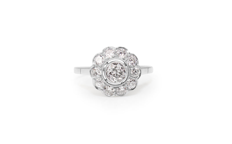 Platinum Art Deco Old Cut Diamond Daisy Ring