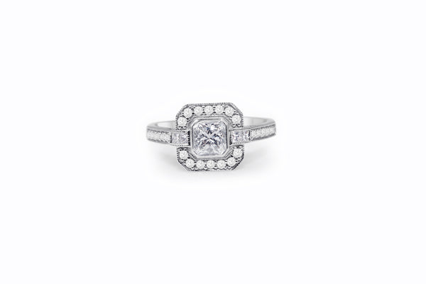 18ct White Gold Radiant Diamond Halo Ring