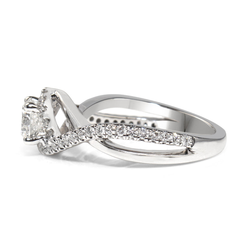 14ct White Gold Halo Twist Diamond Ring