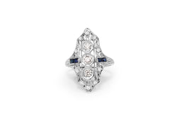 Platinum Art Deco Old Cut Diamond and Sapphire Ring