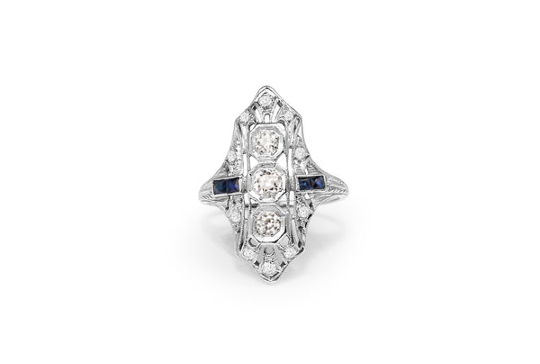 Platinum Art Deco Old Cut Diamond and Sapphire Ring