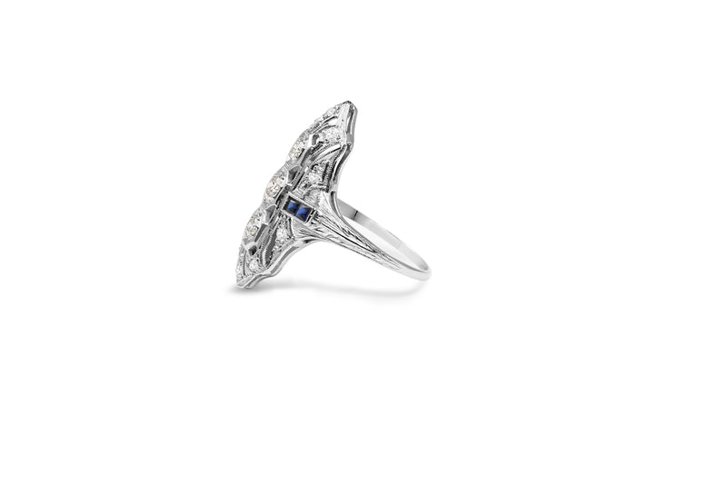 Platinum Art Deco Old Cut Diamond and Sapphire Ring