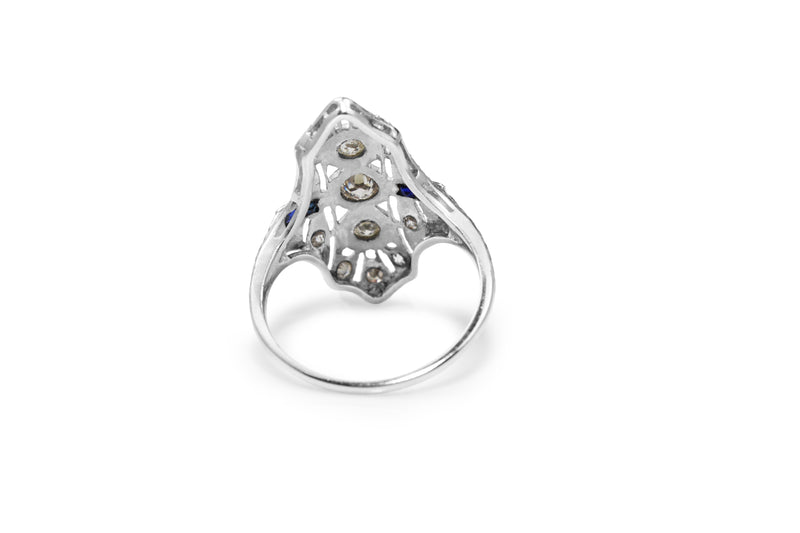 Platinum Art Deco Old Cut Diamond and Sapphire Ring