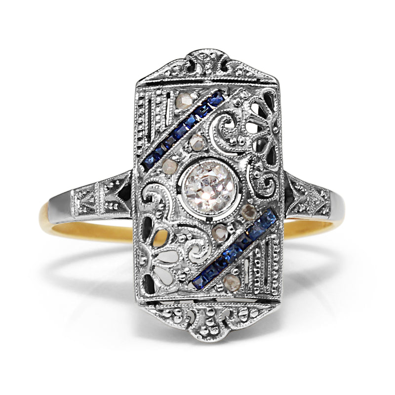 18ct White Gold Art Deco Diamond and Sapphire Ring