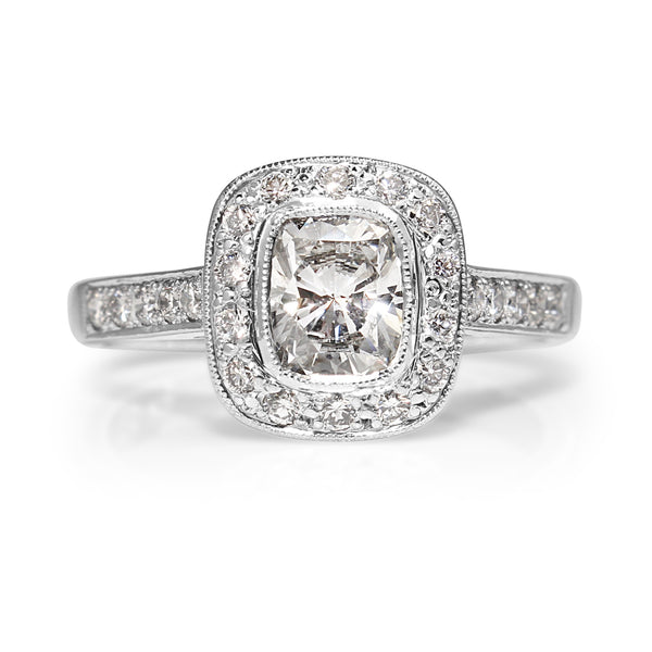 18ct White Gold Cushion Bezel Diamond Halo Ring