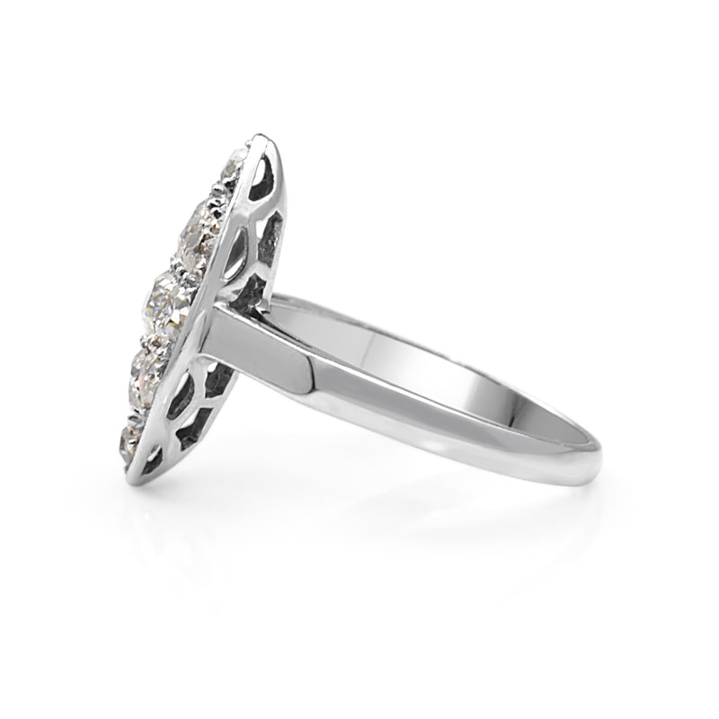 Platinum Old Cut Art Deco Diamond Marquise Shaped Ring