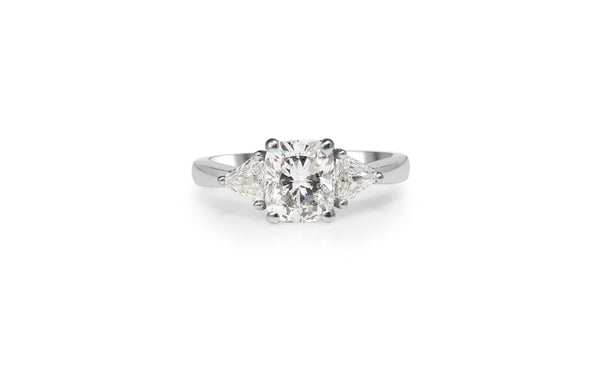 18ct White Gold Cushion and Trillion Cut 3 Stone Diamond Ring