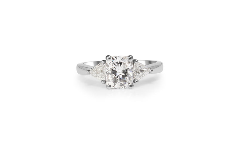 18ct White Gold Cushion and Trillion Cut 3 Stone Diamond Ring