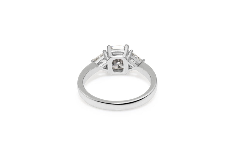 18ct White Gold Cushion and Trillion Cut 3 Stone Diamond Ring