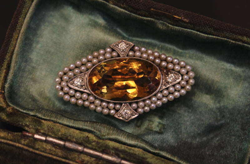 14ct Yellow and White Gold Antique Citrine and Pearl Brooch