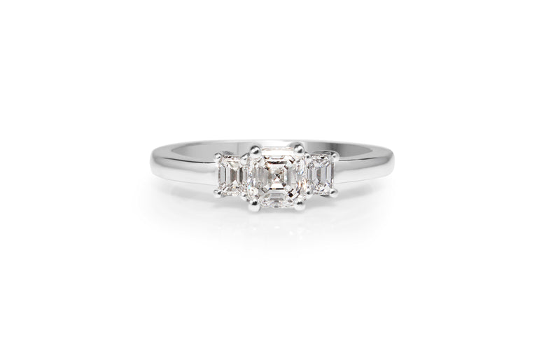 Platinum Asscher and Emerald Cut Diamond 3 Stone Ring