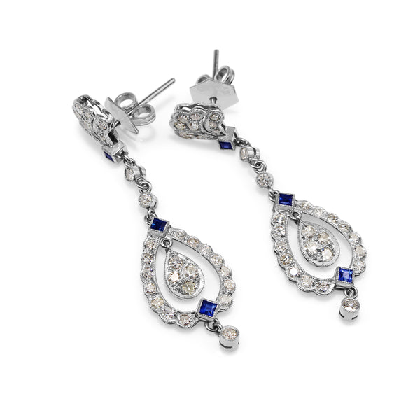 Platinum Art Deco Sapphire and Diamond Drop Earrings