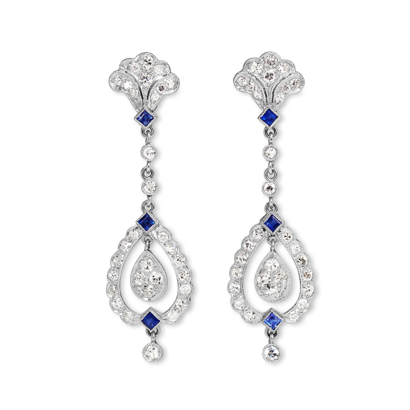 Platinum Art Deco Sapphire and Diamond Drop Earrings