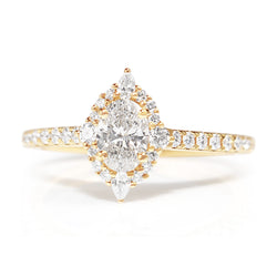 18ct Yellow Gold Oval and Pear Diamond Halo Ring