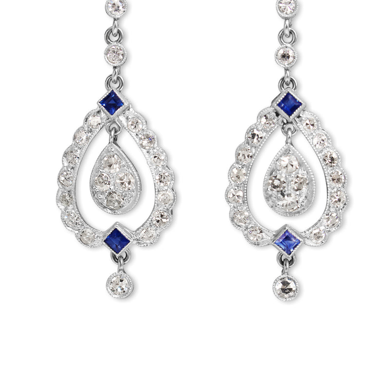 Platinum Art Deco Sapphire and Diamond Drop Earrings