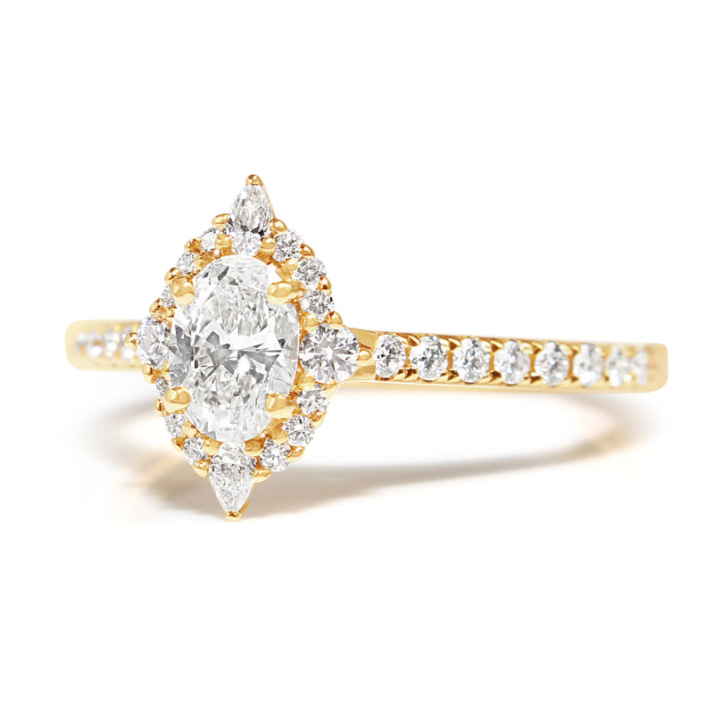 18ct Yellow Gold Oval and Pear Diamond Halo Ring