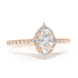 18ct Rose Gold Oval and Pear Diamond Halo Ring
