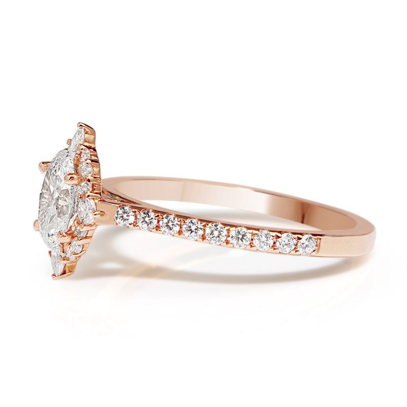 18ct Rose Gold Oval and Pear Diamond Halo Ring