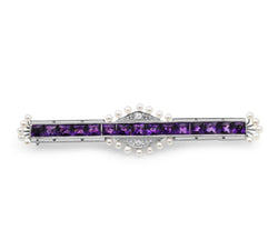 Platinum and 18ct Yellow Gold Amethyst, Diamond and Pearl Brooch