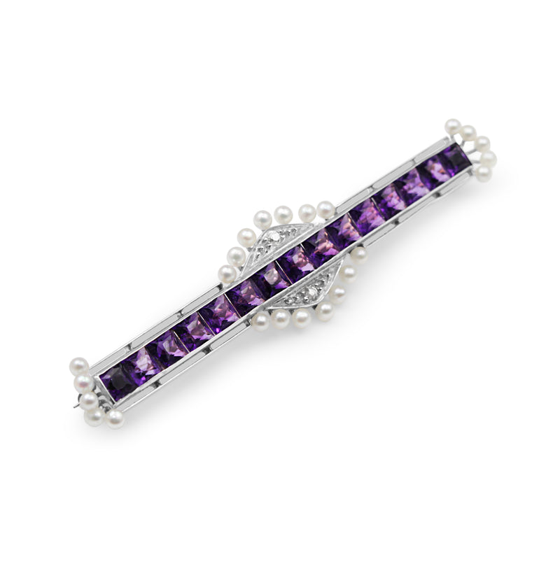 Platinum and 18ct Yellow Gold Amethyst, Diamond and Pearl Brooch