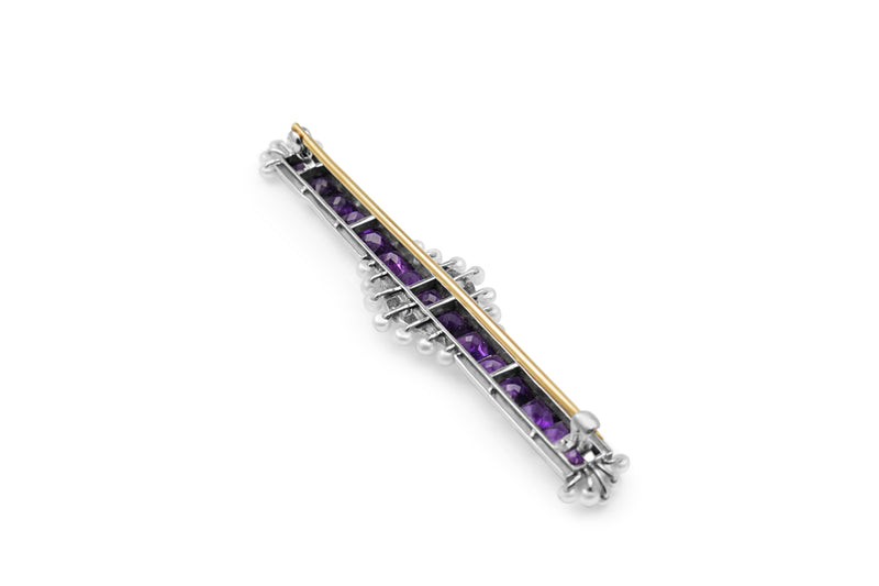 Platinum and 18ct Yellow Gold Amethyst, Diamond and Pearl Brooch