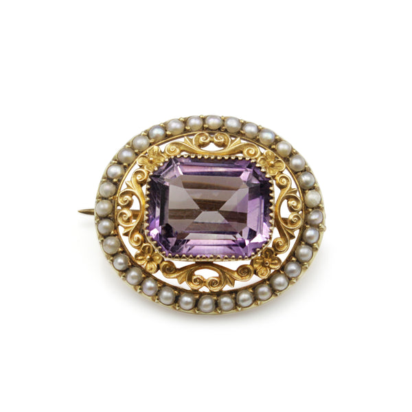 15ct Yellow Gold Antique Amethyst and Pearl Brooch