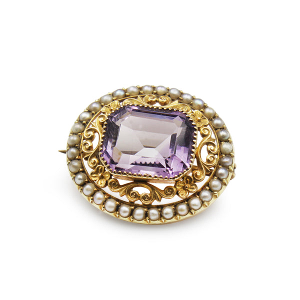 15ct Yellow Gold Antique Amethyst and Pearl Brooch