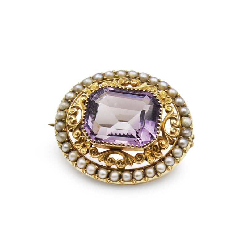 15ct Yellow Gold Antique Amethyst and Pearl Brooch