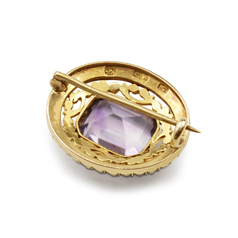 15ct Yellow Gold Antique Amethyst and Pearl Brooch
