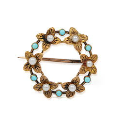 15ct Yellow Gold Turquoise and Pearl Wreath Brooch