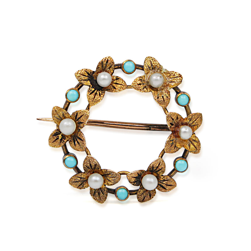 15ct Yellow Gold Turquoise and Pearl Wreath Brooch