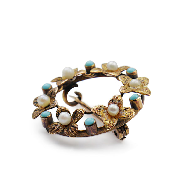 15ct Yellow Gold Turquoise and Pearl Wreath Brooch